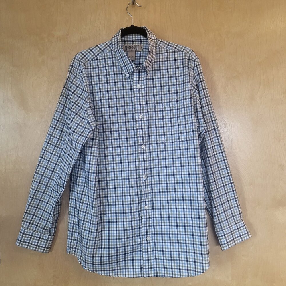 Duluth Trading Co Button Down Shirt Blue & Green Plaid Size Large Trim Fit